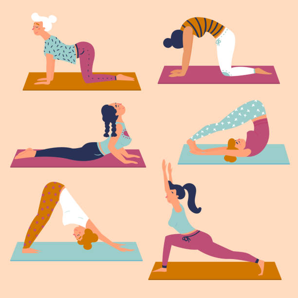set mit schönen frauen in verschiedenen posen des yoga - yoga poses stock-grafiken, -clipart, -cartoons und -symbole