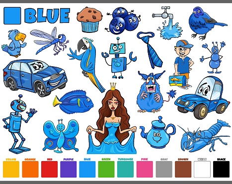set with cartoon characters and objects in blue