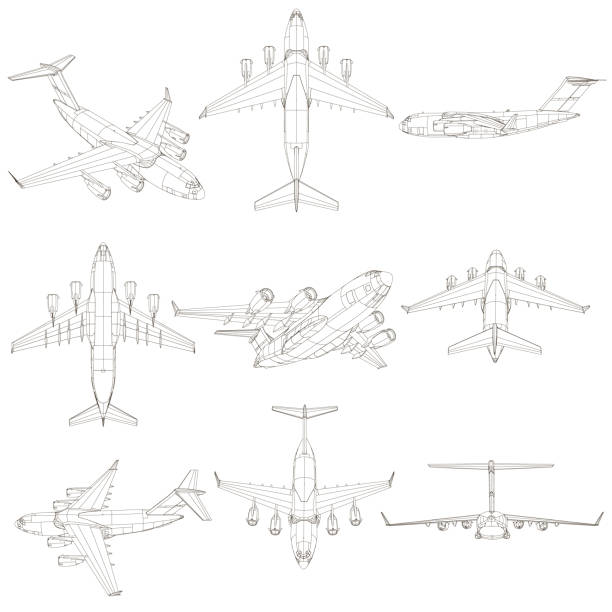 Set with contours of the aircraft. The contours of the aircraft from different points of view. 3D. Vector illustration Set with contours of the aircraft. The contours of the aircraft from different points of view. 3D. Vector illustration. drawing of fighter planes stock illustrations