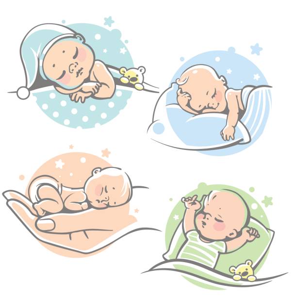 Set with cute little baby sleeping. Children lying on pillow under blanket. Boy with teddy bear in bed. Girl sleep on stomach. Different sleeping positions. Sketchy style. Vector illustrations. sleeping clipart stock illustrations
