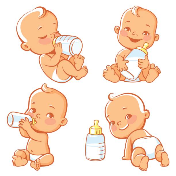 zestaw z uroczym małym dzieckiem z butelką mleka. - baby formula stock illustrations