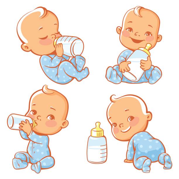 ilustraciones, imágenes clip art, dibujos animados e iconos de stock de conjunto con lindo bebé con la botella de leche. - baby formula