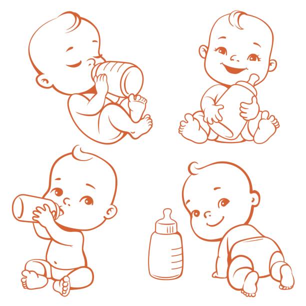 zestaw z uroczym małym dzieckiem z butelką mleka. - baby formula stock illustrations