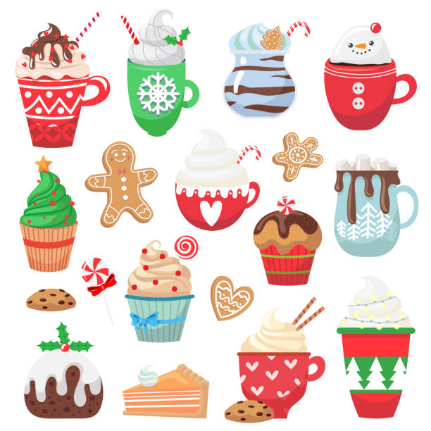 Set with holiday hot drink and dessert Set with holiday hot drink and dessert. Collection with funny cups. Cacao, tea, coffee, milk, cookie, candy. Vector illustration dessert sweet food illustrations stock illustrations