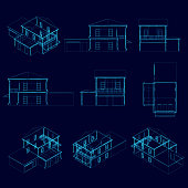 Set with wireframe of the house in different types. Isometric view, back, front, side, top. 3D. Vector illustration.