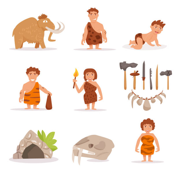 ilustrações de stock, clip art, desenhos animados e ícones de set with mammoth, cave people - fire caveman