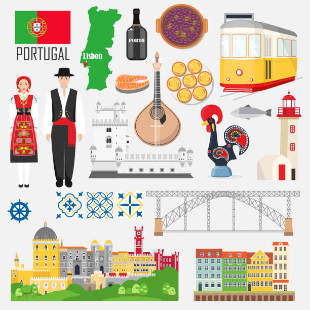 ilustrações de stock, clip art, desenhos animados e ícones de set with portuguese symbols and landmarks - braga