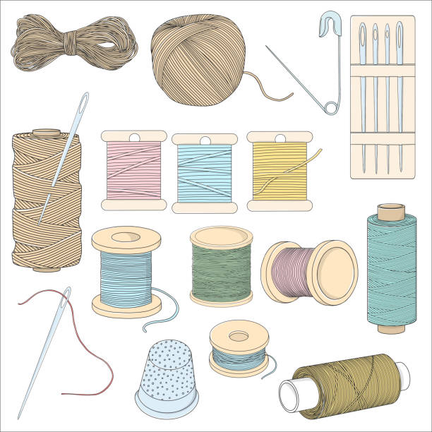Set with sewing accessories on a white background. Hand-drawn. Set with sewing accessories on a white background. Spools of thread, pins, sewing needles, and a thimble. Colorful vector illustration in sketch style. Hand-drawn. spool stock illustrations