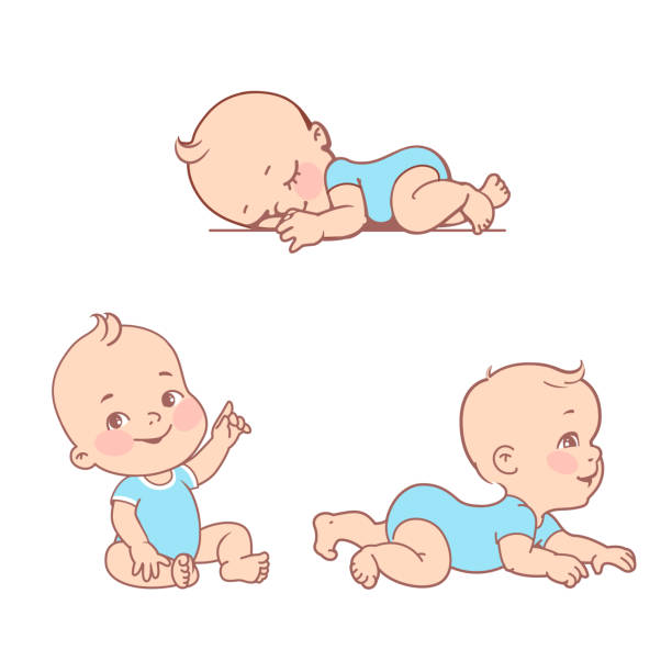 Set with smiling little baby boy in diaper, bodysuit. Active baby of age from 3 months to year learn to crawl, move on his stomach. First year of child. Healthy baby play. sleeping clipart stock illustrations