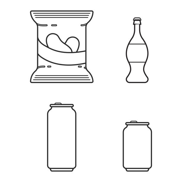 set mit soda, bier und chips in linienart - dose stock-grafiken, -clipart, -cartoons und -symbole