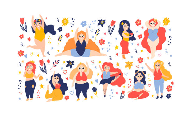 Set with women plus size. The ballerina is dancing. The girl does gymnastics. Set with women plus size. The ballerina is dancing. The girl does gymnastics. Stylish plump girl is engaged in sports, meditation. Feminism. Doodle style. Body positive. big fat girl drawing stock illustrations