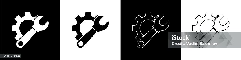 istock Set Wrench spanner and gear icon isolated on black and white background. Adjusting, service, setting, maintenance, repair, fixing. Vector Illustration 1250723864