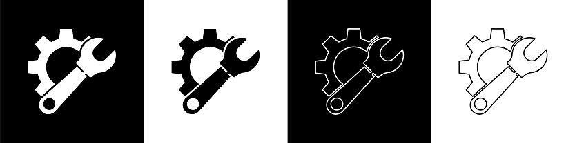 Set Wrench spanner and gear icon isolated on black and white background. Adjusting, service, setting, maintenance, repair, fixing. Vector Illustration
