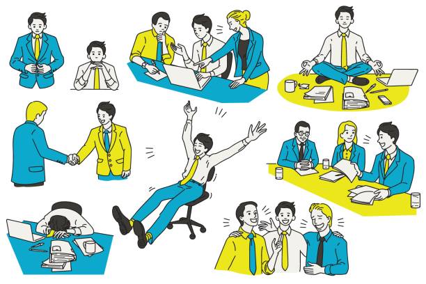 set2outlineStrokeVersion Vector illustration character design of businessman, various actions and activities, at workplace and office. Outline, linear, thin line art, hand draw sketch, simple style. meeting drawings stock illustrations