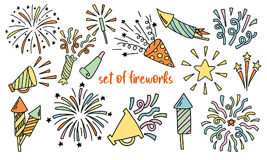 Doodle set with festive fireworks and confetti