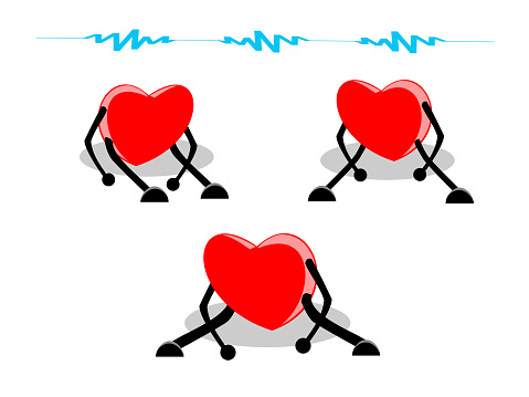 Sets of tired, and exhausted hearts sitting with blue weak signal above, isolated on white (transparent) background.