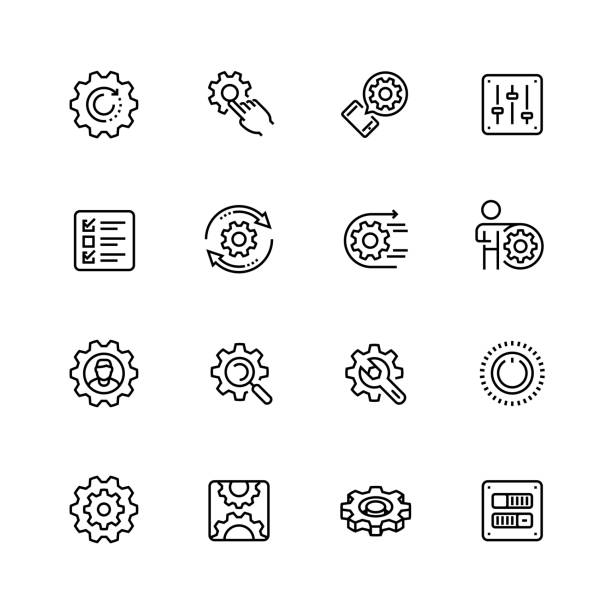 설정 또는 옵션 관련 편집 가능한 획 선 스타일에 벡터 아이콘 세트 - 기어 기계 부분 stock illustrations