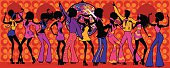 A group of people in seventies outfits at a disco. All characters on separate layers for easy editing. See below for a silhouetted version of this file.