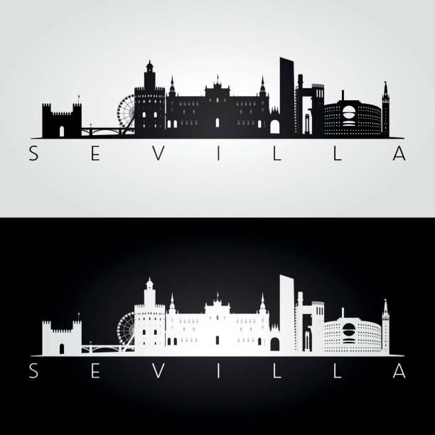 sevilla skyline i zabytków sylwetka, czarno-biały design, ilustracja wektorowa. - sevilla stock illustrations