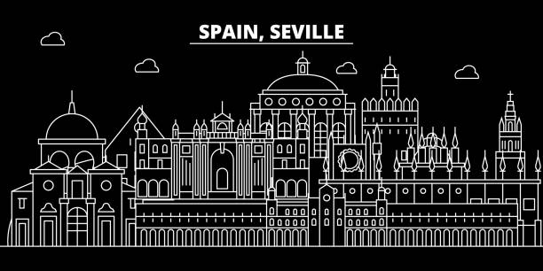 sylwetka sewilli skyline. hiszpania - sewilla miasto wektorowe, hiszpańska architektura liniowa, budynki. ilustracja z podróży do sewilli, zarys punktów orientacyjnych. hiszpania płaska ikona, hiszpański baner linii - sevilla stock illustrations