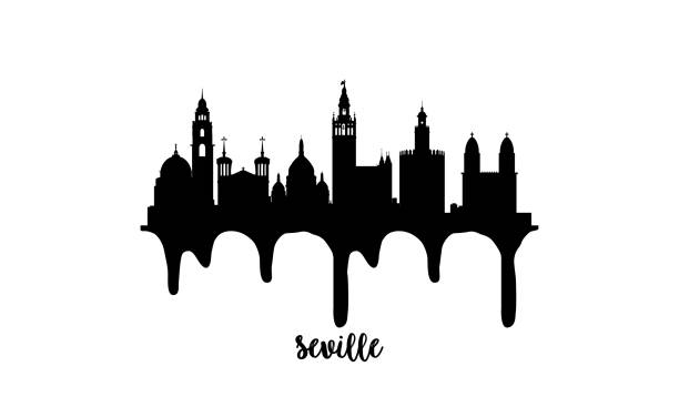 sewilla hiszpania czarna sylwetka skyline ilustracja wektorowa na białym tle z efektem kapanie atramentu. - sevilla stock illustrations
