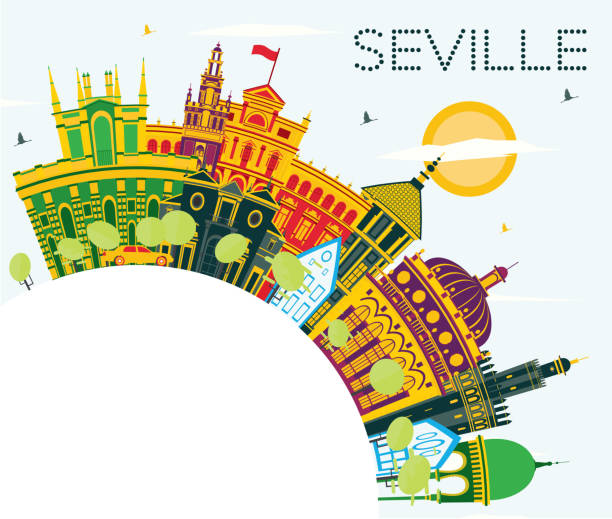 塞維利亞西班牙城市天際線與彩色建築, 藍天和複製空間。 - sevilla 幅插畫檔、美工圖案、卡通及圖標