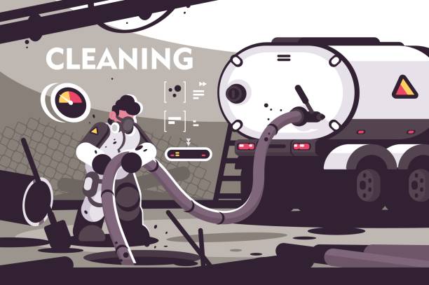 illustrazioni stock, clip art, cartoni animati e icone di tendenza di poster piatto del servizio di pulizia delle fognature - scarico auto