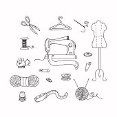 Sewing accessories doodle style. Handmade, set with elements of a sewing machine, threads, needles, dummy, scissors. Vector graphics, isolated background.