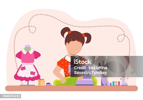 istock Sewing. Girl seamstress. Creative craft concept for work and hobby. 1368234223