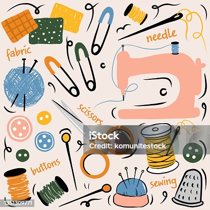 istock Sewing Related Cartoon Style Doodle Vector Illustration 1351309771
