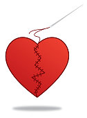 Vector illustration of a red broken heart sewn back together.