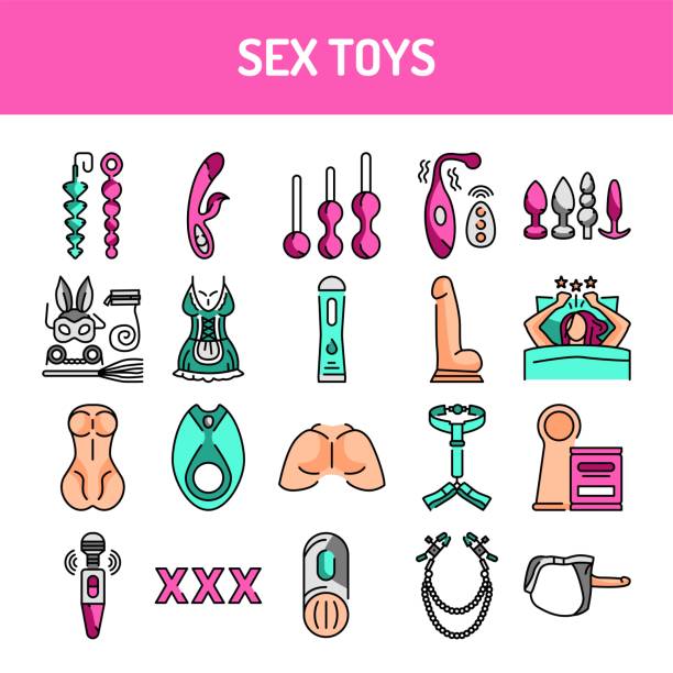 stockillustraties, clipart, cartoons en iconen met sex toys line icons set. isolated vector element. - vibrator