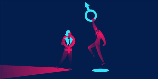 性別歧視或性別歧視，工資差距。紅色和藍色霓虹燈漸變中的商業概念 - 性別歧視 幅插畫檔、美工圖案、卡通及圖標