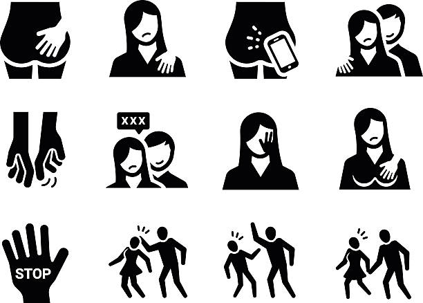 Sexual Harassment Vector Icon Set business, people, female, adult, women, man, male, hand, colleague, crime, sex, flirt, stop, buttocks, inappropriate, wound, injured, violence, sack, attack, victim, sexual, discrimination, snap, rape, harassment, molestation, abuse, assault, disgust, whisper, tutorial, annoy, offend, touching, molest, rude, hate, smash, sexual harassment, dirty talk aggression stock illustrations