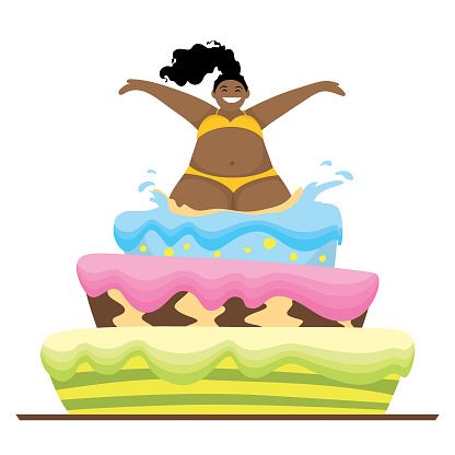 Sexy dark-skinned girl in yellow swimsuit jumps out of a cake. Cartoon style, vector illustration