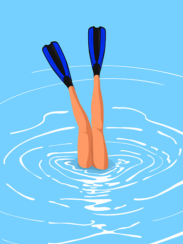 Sexy legs with diving flippers falling into water .