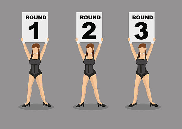 Sexy Ring Girl Vector Character Illustration Set of six vector cartoon illustration of brown hair ring girl scantily clad in sexy black corset holding placard with round numbers isolated on grey plain background women in skimpy bathing suits stock illustrations