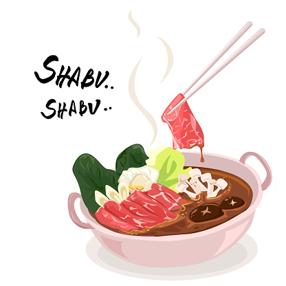Shabu or Sukiyaki , a popular dish of pork, beef, seafood, and fresh vegetables are boiling in a pot.