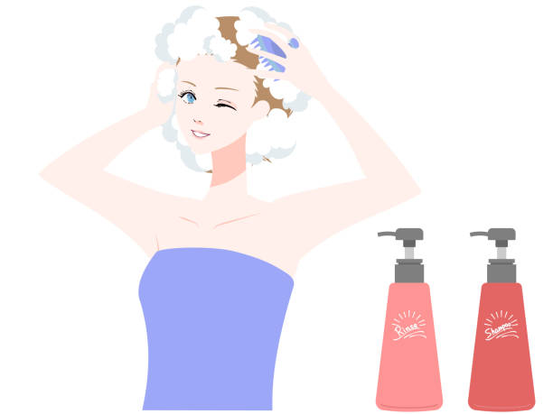 stockillustraties, clipart, cartoons en iconen met shampoo vrouwen - woman washing hair