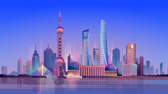 Shanghai landing page in flat cartoon style. Chinese night city panorama with skyscrapers, urban landscape. Business trip and travelling of famous landmarks. Vector illustration of web background