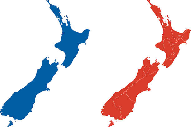 Shape of New Zealand and its regions isolated on white background. Regions are carefully grouped, labeled and placed in layers panel. Easy to select and edit. Large 4000 x 6000 px jpeg