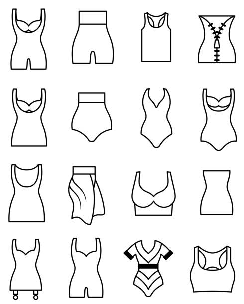 Shapewear, Activewear and Lingerie Icons. Editable Outlines. Single color black editable outline icons of shapewear and undergarments. Isolated. bodice stock illustrations