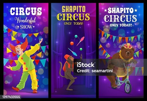 istock Shapito circus cartoon clown and animals banner 1397433555