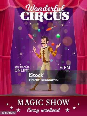 istock Shapito circus poster, cartoon juggler character 1341761297