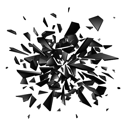 Shards of broken glass on white background. Abstract explosion. Vector background