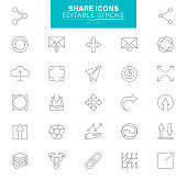 Share button icon set. Link, , Arrow Symbol, Download, Attach Chain, Editable vector illustrations.