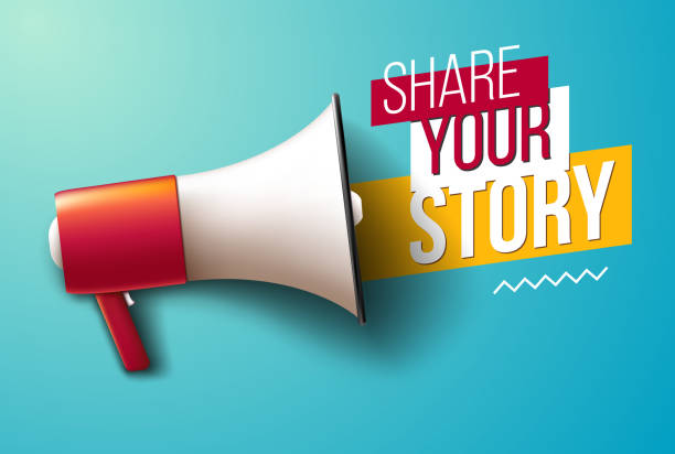 Share your story "Share your story" banner with megaphone storytelling stock illustrations