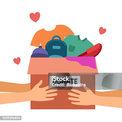 istock Sharing clothes to people. Clothes donation concept. Woman hand holding box full of clothes and accessories in flat design vector illustration on white background. Time for charity. 1339396804