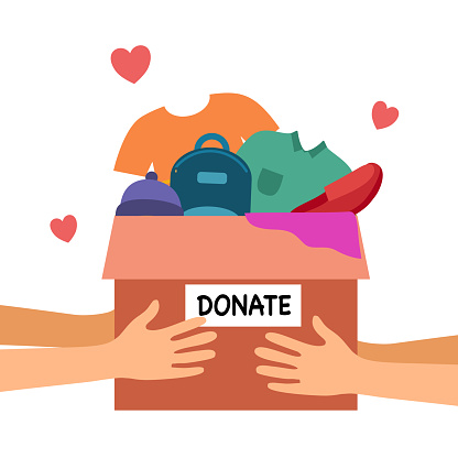 Sharing clothes to people. Clothes donation concept. Woman hand holding box full of clothes and accessories in flat design vector illustration on white background. Time for charity.