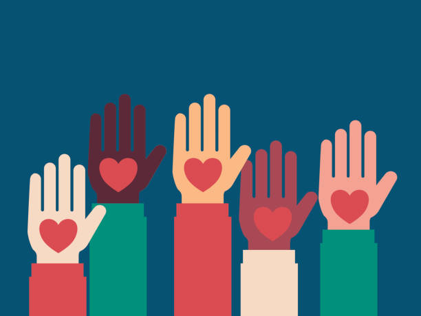 Sharing love Hands of different people raised up with hearts in their hands. Ilsolated graphic element. volunteer stock illustrations